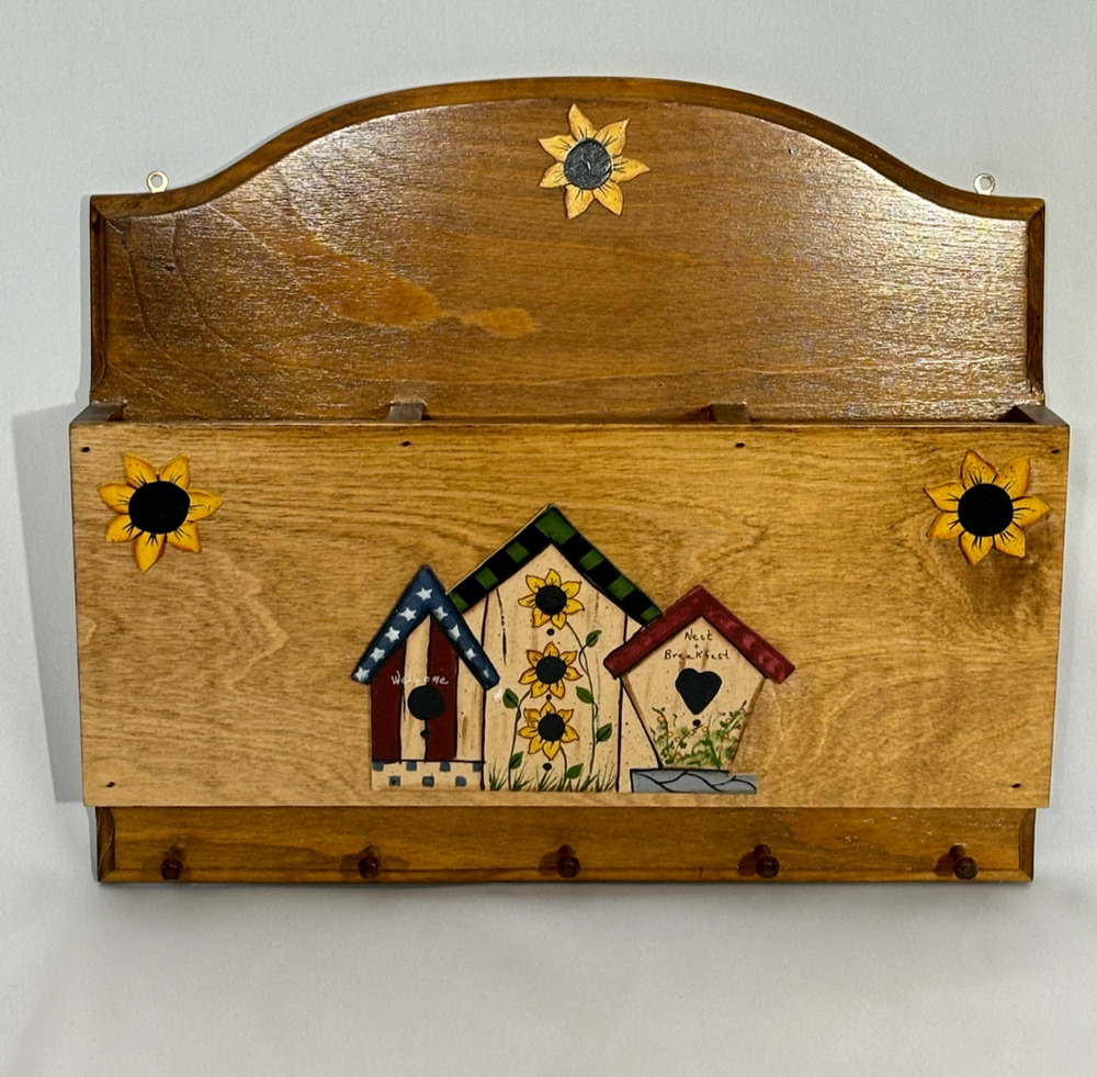 Country Wall Mounted Wood Coat Rack &Bill Holder Hand Painted 15"Wx14"T